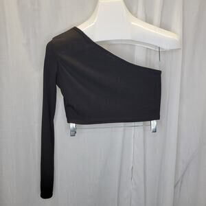 boohoo Black Ribbed Fabric Crop One Sleeve Top, 2